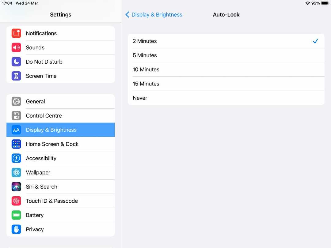 IPad के लिए ऑटो-लॉक सेटिंग्स।