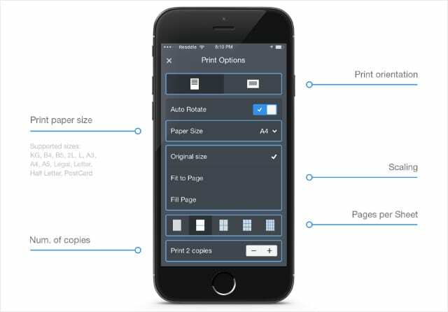 Printer Pro indstillingsmuligheder på iPhone