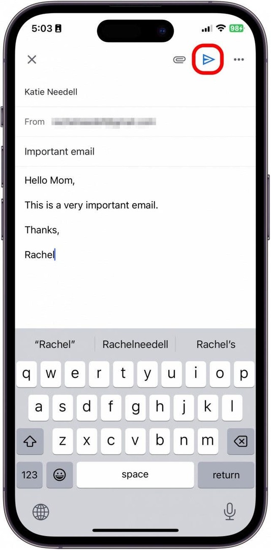 Dodirnite gumb Pošalji kako biste poslali svoju e-poštu u aplikaciji Gmail.