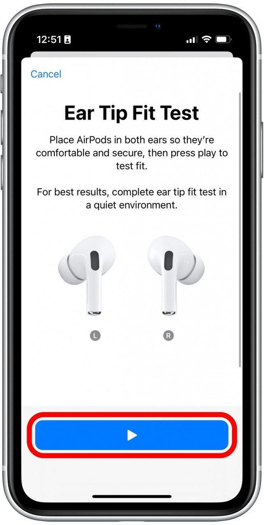 Įdėję „AirPod“ bakstelėkite paleidimo piktogramą, kad paleistumėte bandomąjį garsą, kuris padės jūsų „iPhone“ nustatyti jums tinkamą ausies galiuko dydį.