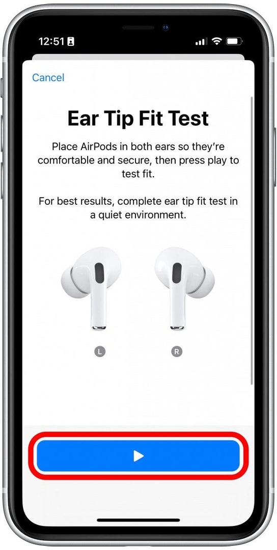 Kun AirPods on asennettu, napauta toistokuvaketta toistaaksesi testiäänen, joka auttaa iPhonea määrittämään sinulle oikean korvakärjen koon.