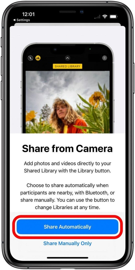 Спільна бібліотека фотографій на екрані налаштування «Поділитися з камери» з позначеною кнопкою «Поділитися автоматично».