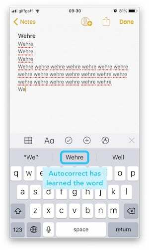 iPhone-Screenshot aus der Notizen-App, der das Wort " Wehre" zeigt, das über zwanzig Mal eingegeben wurde, bevor die Autokorrektur es als zentrierte Vorhersage vorschlägt