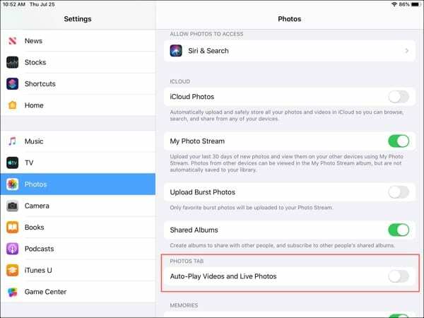 Zakázat automatické přehrávání pro živé fotografie videa iPad