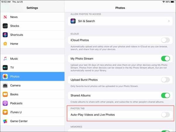 Απενεργοποιήστε την αυτόματη αναπαραγωγή για ζωντανές φωτογραφίες βίντεο iPad