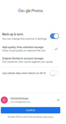 Configurações de backup e sincronização do Google Fotos