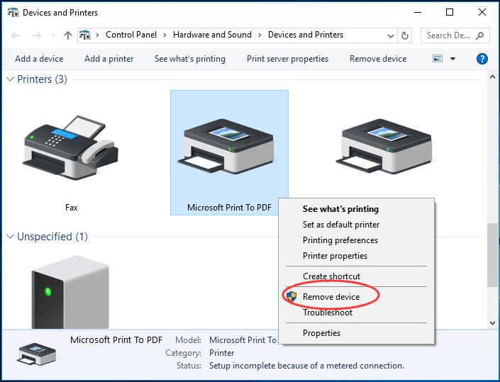 Microsoft Print to PDF и выберите «Удалить устройство».