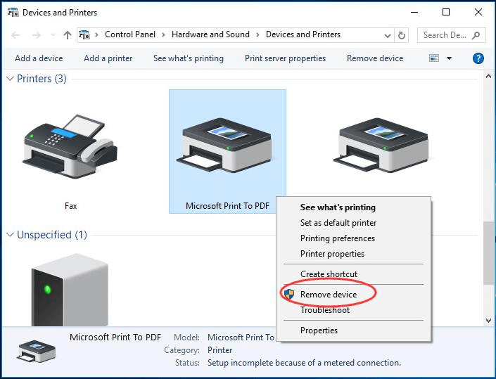 Microsoft Print til PDF, og vælg Fjern enhed