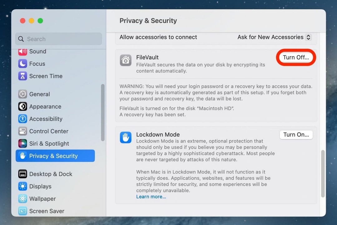 เลื่อนลงไปที่ FileVault แล้วคลิกปิด