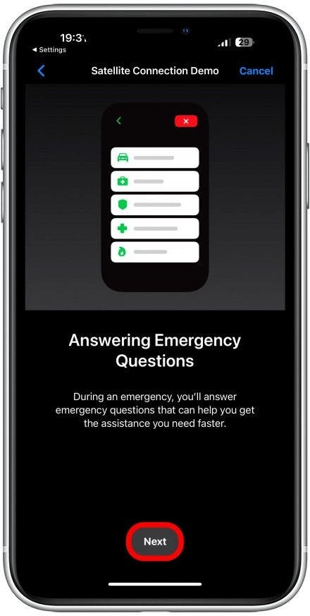 यहां आप आपातकालीन प्रश्नों के उत्तर देने के बारे में जानेंगे। अगला टैप करें।
