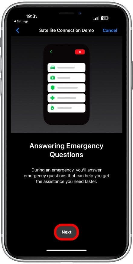 Aquí aprenderá a responder preguntas de emergencia. Presiona Siguiente.