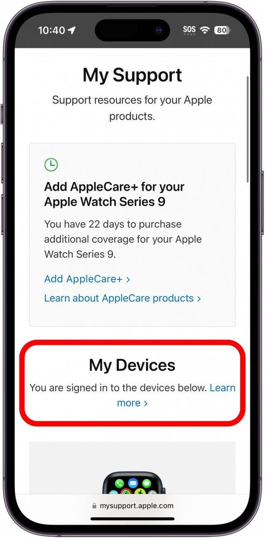 iphone safari spletna stran mysupport.apple.com prikazuje moje naprave