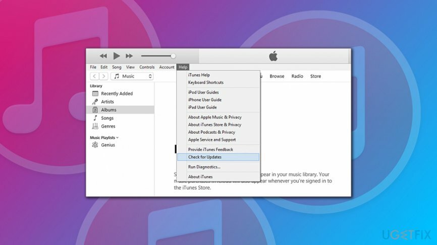 Verifique se há atualizações do iTunes no Windows