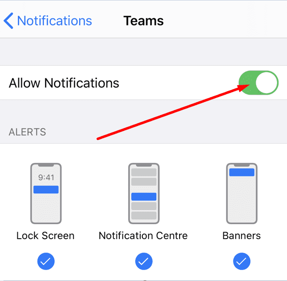 autoriser les notifications des équipes iphone