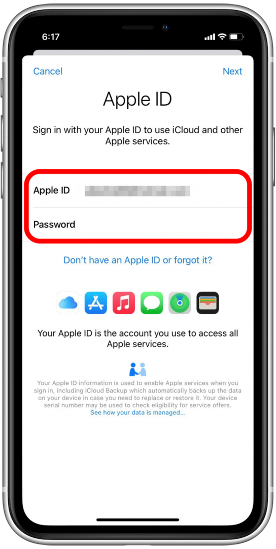 Įveskite savo Apple ID ir slaptažodį