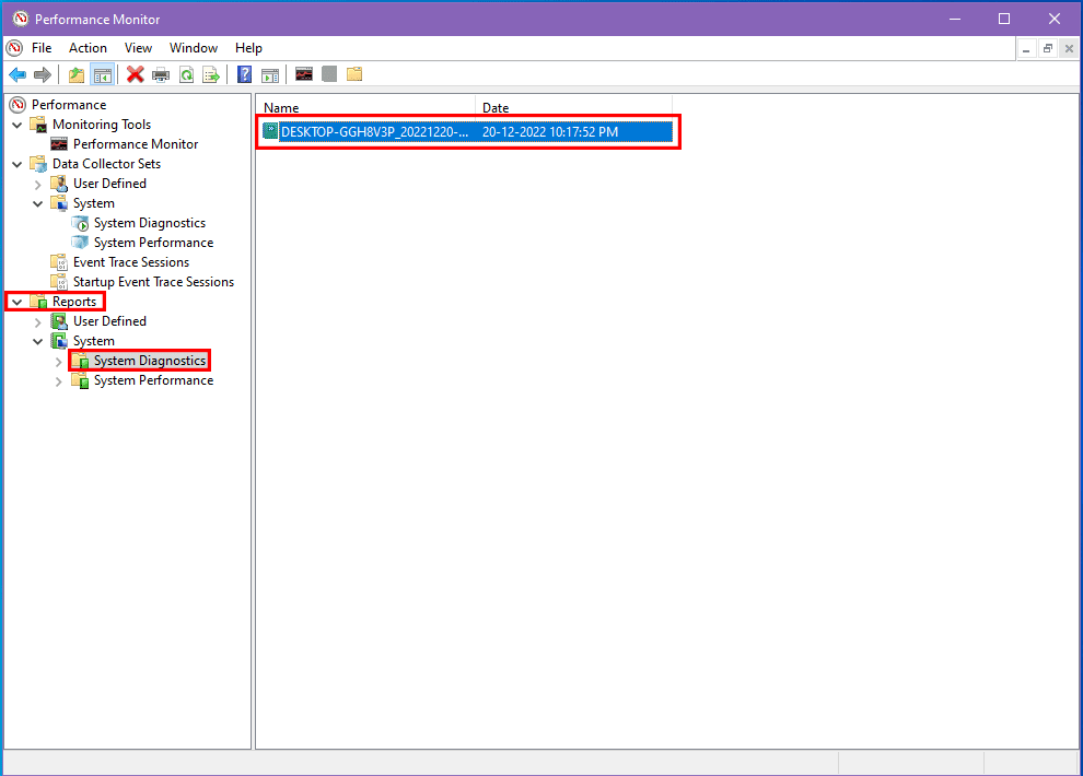 Memvisualisasikan laporan Diagnostik Sistem di aplikasi Performance Monitor