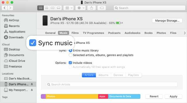 Kontrollkästchen Musik synchronisieren auf der Finder-iPhone-Synchronisierungsseite