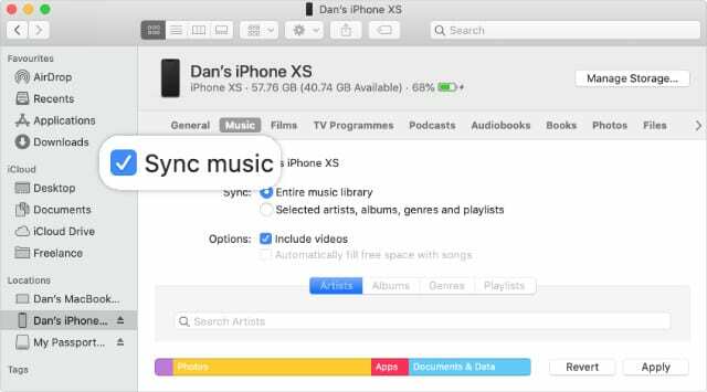 Finder iPhone सिंक पेज में संगीत सिंक करें चेकबॉक्स