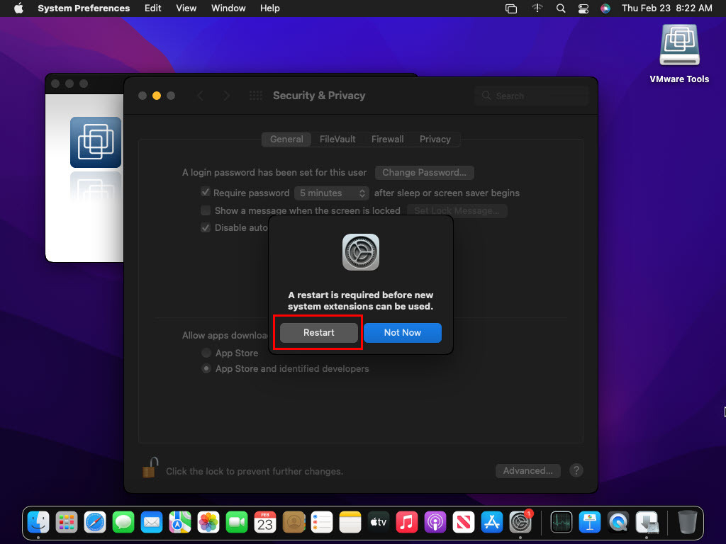 Kattintson az Újraindítás gombra a VMware Tools macOS telepítéséhez