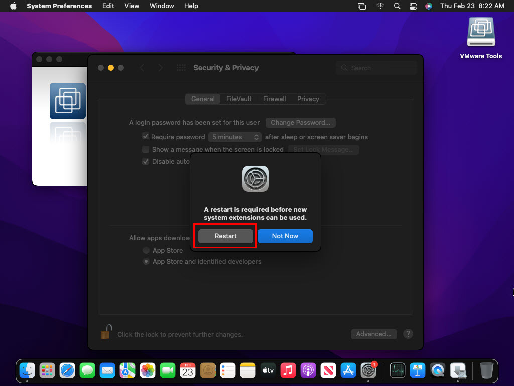 คลิกรีสตาร์ทเพื่อติดตั้ง VMware Tools macOS