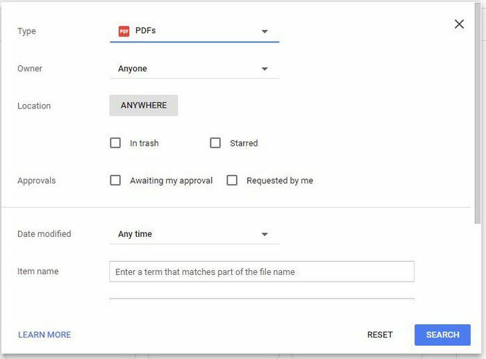 Opções de pesquisa avançada Google Drive