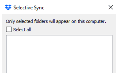 dropbox selektiv synkronisering visar inga mappar