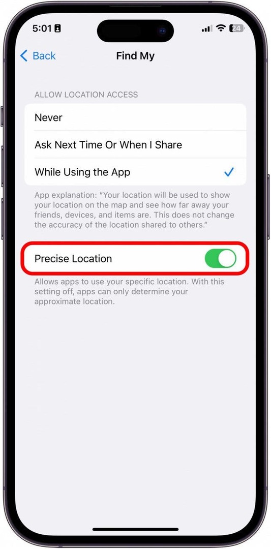 Затим укључите Прецизна локација. Биће зелено када је омогућено.