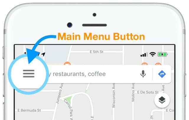 iOS Google Maps huvudmenyknapp Tre horisontella staplar