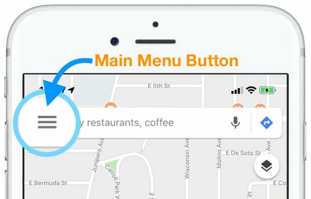 iOS Google kartes galvenās izvēlnes poga Trīs horizontālas joslas