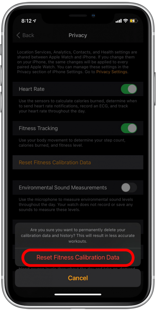 Ponovno dodirnite Reset Fitness Calibration Data za potvrdu