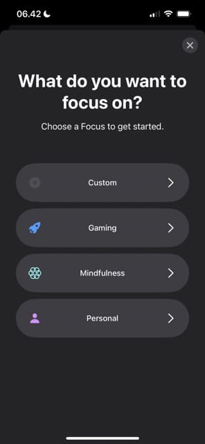 Captura de tela mostrando como escolher um modo de foco iOS personalizado