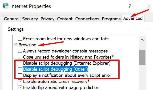 ตัวเลือกอินเทอร์เน็ตปิดการใช้งานข้อผิดพลาดของสคริปต์