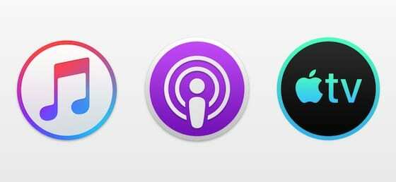 Ikony aplikacji Muzyka, Podcasty i TV, które zastępują iTunes w macOS Catalina