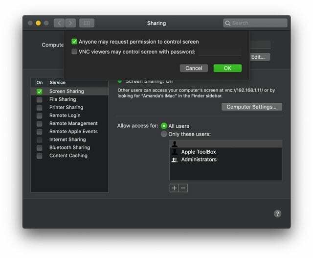 Delingspræferencer for Mac macOS