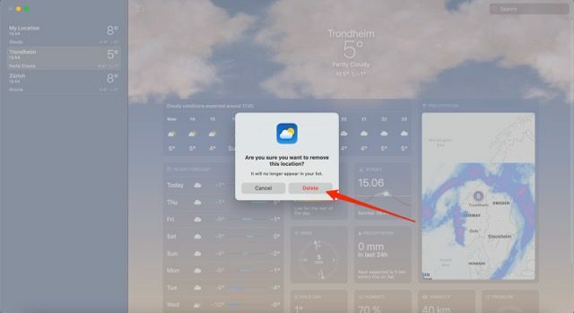 Екранна снимка, показваща бутона за изтриване на местоположение в приложението Weather