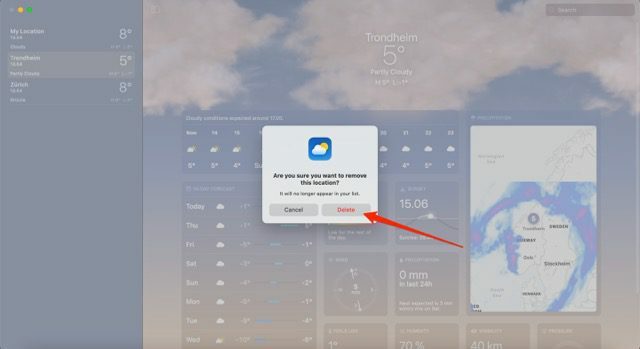 날씨 앱에서 위치를 삭제하는 버튼을 보여 주는 스크린샷