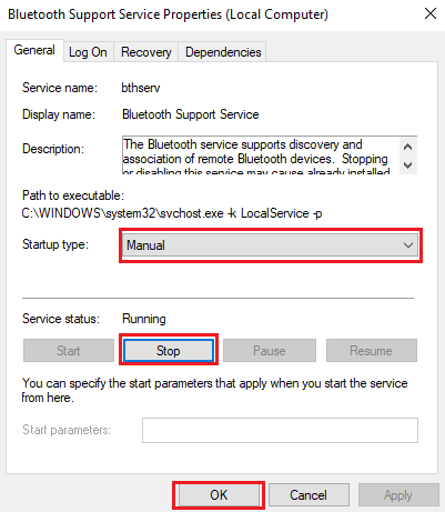 Définir le manuel du type de démarrage du service d'assistance Bluetooth