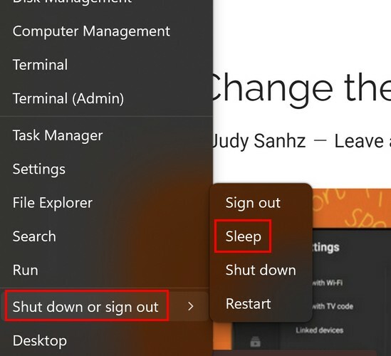 Možnost spanja v meniju Start sistema Windows