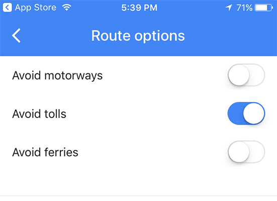 opzioni di percorso in google maps