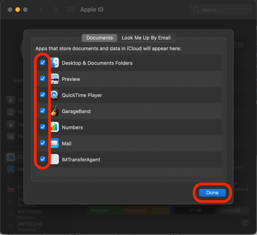 Seleccione los archivos para hacer una copia de seguridad y luego haga clic en Listo