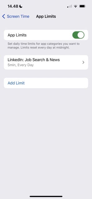 Screenshot der neu eingestellten Zeitbegrenzung für den iPhone-Bildschirm