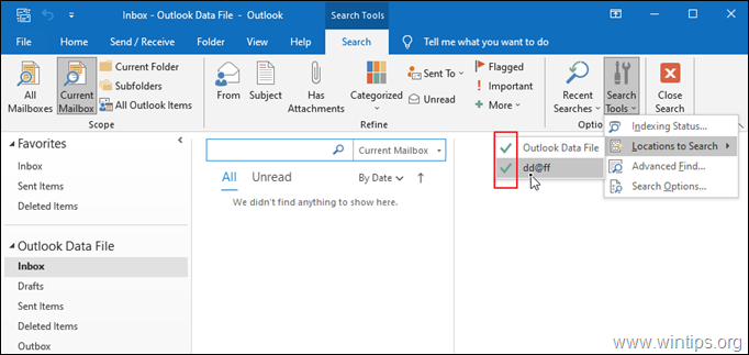 O FIX Outlook 2016 Search não funciona. 