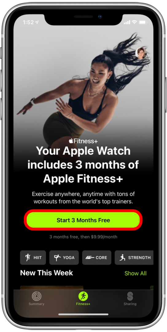 Tryk for at starte din gratis prøveversion af Apple Fitness +