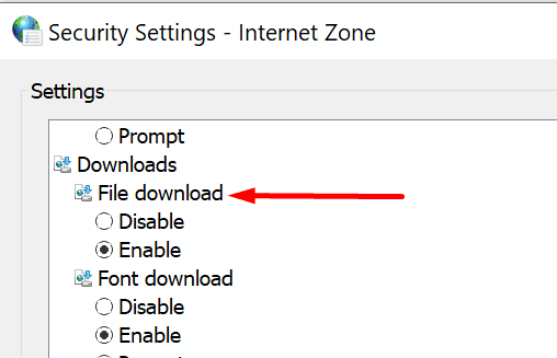 habilitar la descarga de archivos de configuración de seguridad