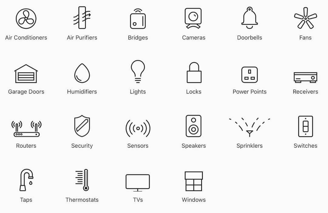 Iconos que representan varios accesorios para el hogar inteligente