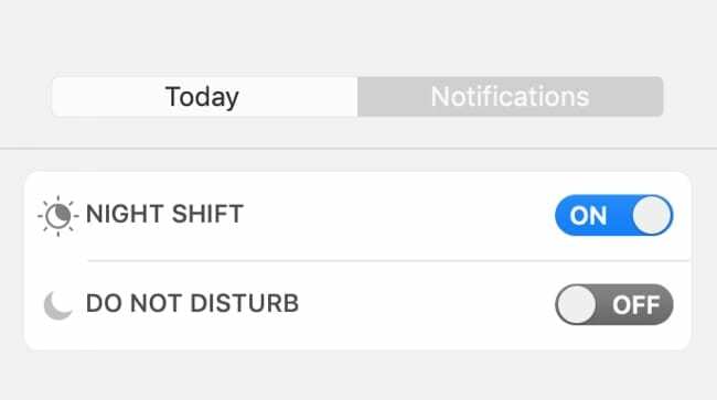 Ative o modo Night Shift na Central de Notificações no Mac