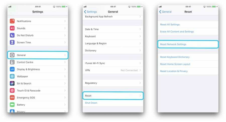 Drei iPhone-Screenshots, die zur Reset-Seite navigieren