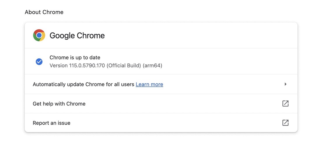 Прозорецът Всичко за Google Chrome, където ще намерите опцията за актуализиране