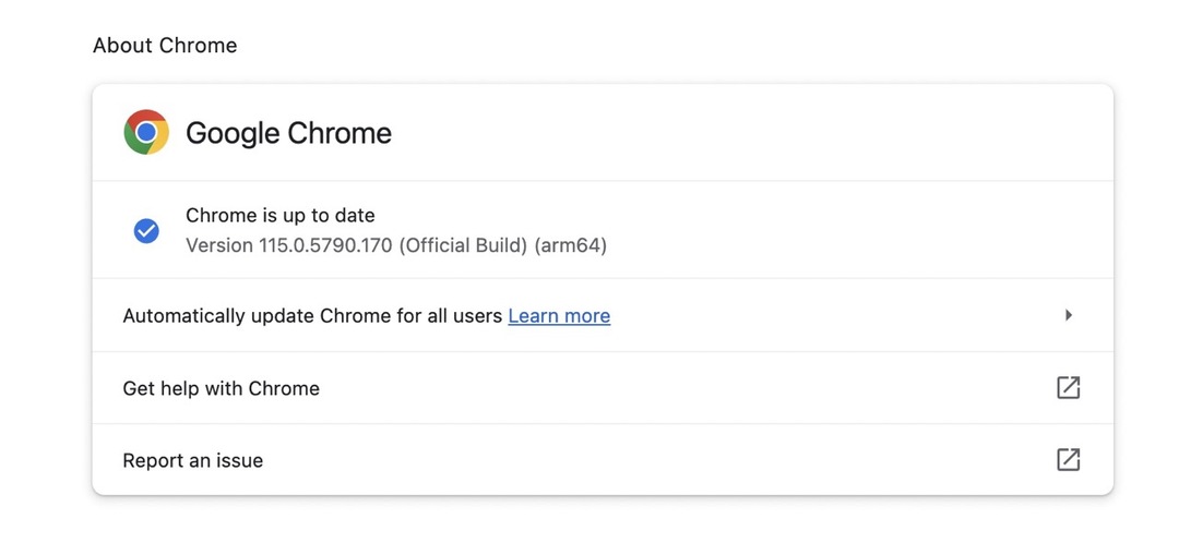 업데이트 옵션이 있는 Chrome 정보 창