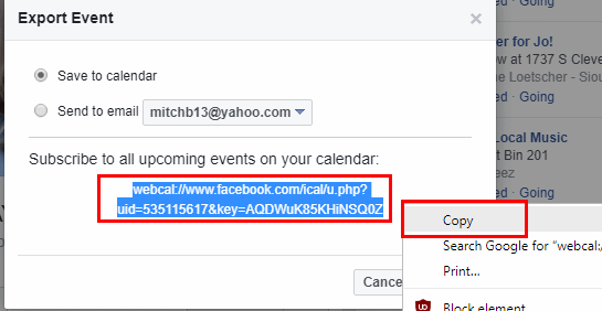 Връзка за абонамент за календар на събития във Facebook.